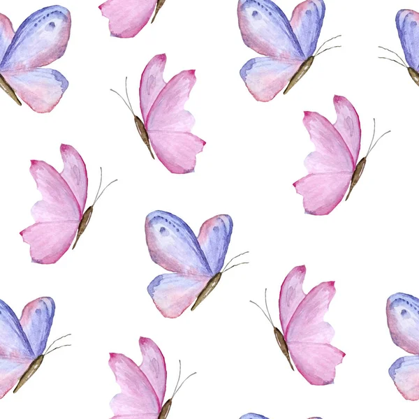 Pembe mor lavantalı mor kelebekli kusursuz suluboya el çizimi deseni. Tekstil duvar kâğıdı için modaya uygun yabani böcek arka planı. Bahar kumaşı için klasik tasarım..