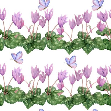 Suluboya el, pembe mor siklamen vahşi çiçeklerinin kusursuz desenli çizimi. Orman koruluğu doğa bitkisi, gerçekçi tasarım yapraklar bırakır. Düğün kartları için davetiye..