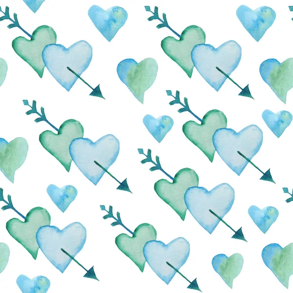 Naadloze aquarel met de hand getekend patroon met groene turquoise hartjes pijlen voor St Valentine Day stof inpakpapier. Elegante design achtergrond voor liefde viering bruiloft. Moderne textuur. — Stockfoto