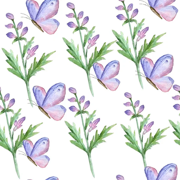 Aquarelle motif sans couture de fleurs violettes sauvages feuilles de papillons roses. Printemps forêt bois floral neutre nature design pour textile papier peint invitation de mariage. Saisonnière vintage romantique — Photo