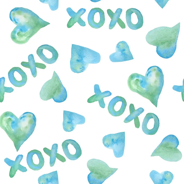 Naadloze aquarel met de hand getekend patroon met groen blauw turquoise hartjes voor St Valentine Day stof inpakpapier. Elegante design achtergrond voor liefde viering bruiloft. Textuur moderne print. — Stockfoto