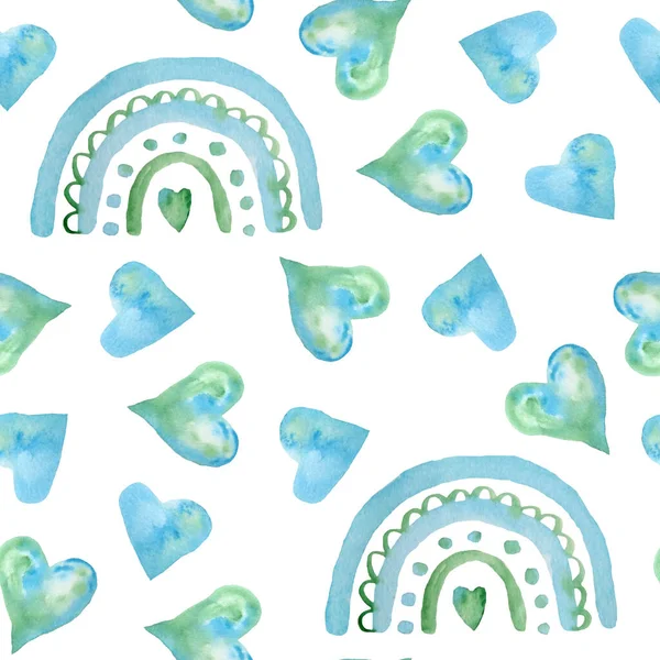 Nahtloses, von Hand gezeichnetes Aquarell-Muster mit Boho-Regenbogen-grün-türkisfarbenen Herzen für das Geschenkpapier zum Valentinstag. Elegantes Design Hintergrund für Liebesfeier Hochzeit. Moderne Textur — Stockfoto