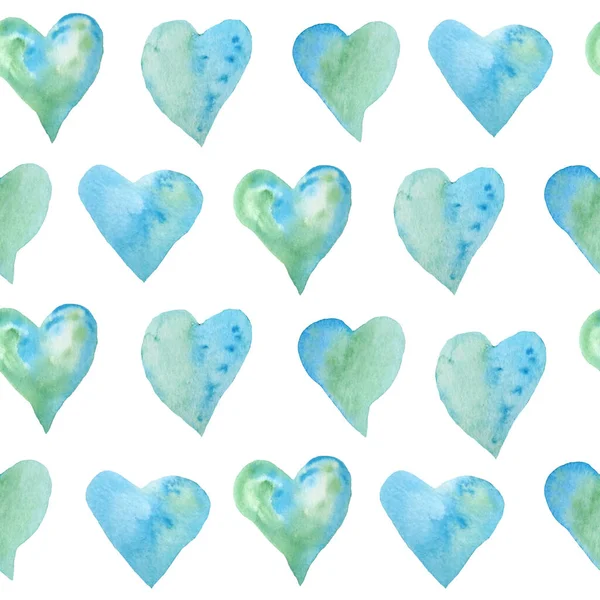 Naadloze aquarel met de hand getekend patroon met groen blauw turquoise hartjes voor St Valentine Day stof inpakpapier. Elegante design achtergrond voor liefde viering bruiloft. Textuur moderne print. — Stockfoto