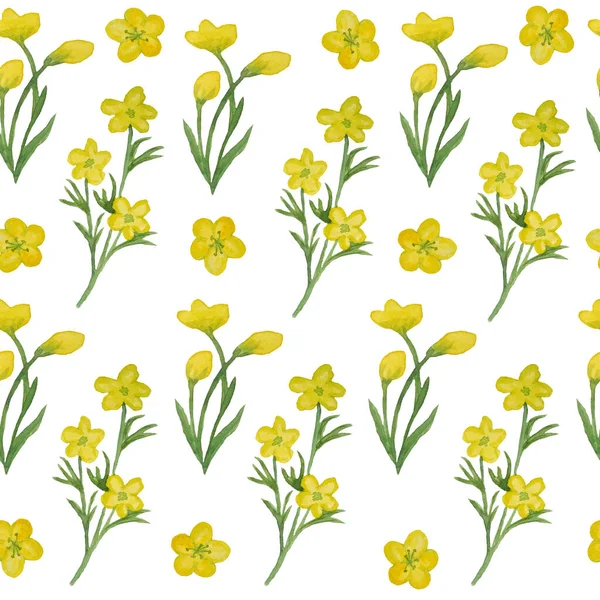 Patrón de acuarela dibujado a mano sin costuras con ranúnculo de buttercup amarillo, hojas de flores de hierbas silvestres verdes en bosque de bosque de madera. Plantas naturales orgánicas, diseño botánico floral para fondos de pantalla textil —  Fotos de Stock