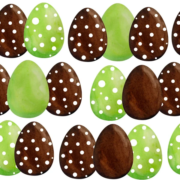 Seamless watercolor hand drawn pattern happy easter eggs of green brown chocolate color with polka dot ornament. Colored religious Christian symbols for cards invitation design celebration decoration. — Stock Photo, Image