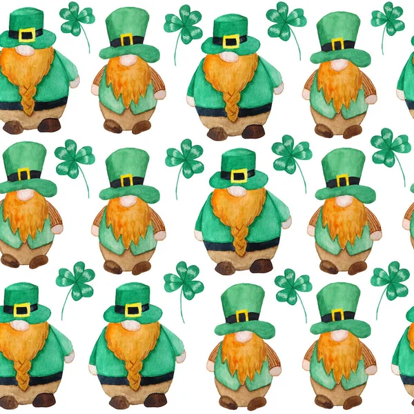 Seamless watercolor hand drawn pattern with St Patricks day parade elements, Irish Ireland gnomes dwarfs leprechauns in green hats. Lucky clover shamrock background, magic celtic culture tradition.