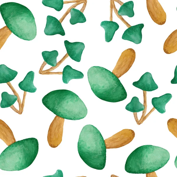 Aziz Patrick Günü elementleriyle kusursuz suluboya desenler, yeşil komik gerçekçi mantarlar, ahşap orman arka planı. İrlanda İrlanda şenlik kutlamaları geçit törenleri için arzulanıyor. — Stok fotoğraf