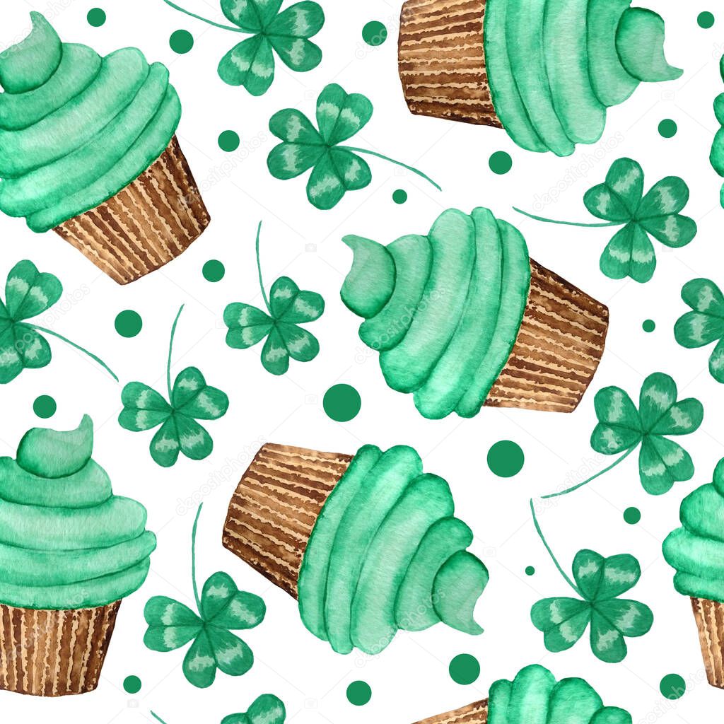 Seamless watercolor hand drawn pattern with green cupcakes for St. Patricks day celebration tradition. Lucky clover shamrock polka dot background. Ireland irish food bakery. Spring march celtic.