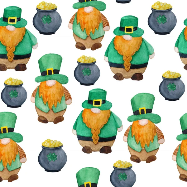 Nahtloses handgezeichnetes Aquarell-Muster mit St. Patricks Day Parade-Elementen Irische Irlandzwerge Wichtel Kobolde in grünen Hüten, Topf voller Goldschätze. Lucky Klee Shamrock Hintergrund, magische keltische — Stockfoto