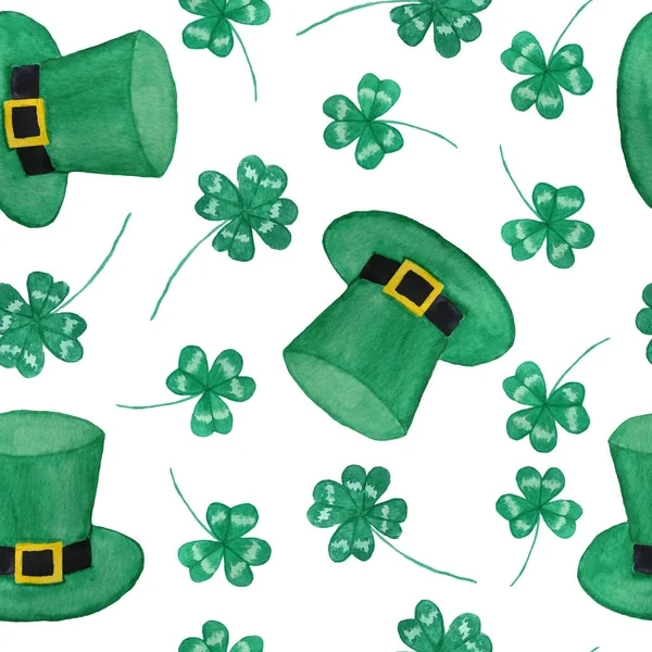 Płynny akwarelowy ręcznie rysowany wzór z elementami parady St Patricks, zielone szmaragdowe kapelusze Irlandzkie krasnale krasnoludki krasnoludki. Szczęśliwy koniczyna shamrock tło, magia celtycka tradycja — Zdjęcie stockowe