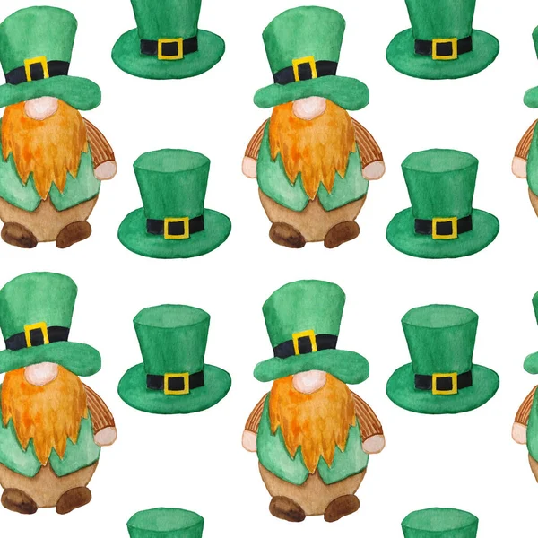 シームレスな水彩手描きパターン聖パトリックの日パレード要素、アイルランドは緑のエメラルドの帽子で小人leprechansを無視します。ラッキークローバーシャムロックの背景、魔法のケルトの伝統、シンボル — ストック写真