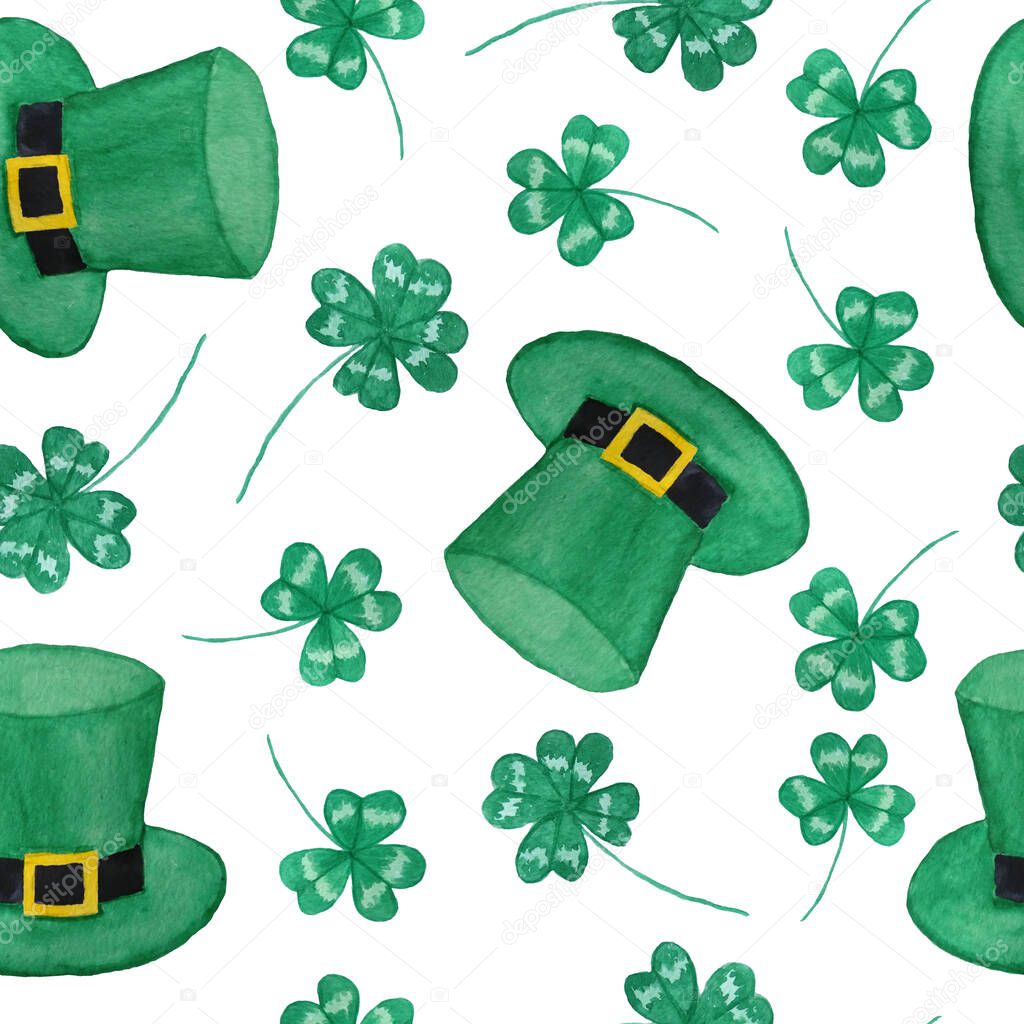 Seamless watercolor hand drawn pattern with St Patricks day parade elements, green emerald hats Irish Ireland gnomes dwarfs leprechauns. Lucky clover shamrock background, magic celtic tradition
