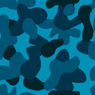Mavi kamuflaj kamuflajsız desen. Ordu tasarımı, saklanan avları gizlemek için kullanılan tekstil. Ormandaki çöl ormanlarında savaş askerleri için baskı, modaya uygun bir doku. Duvar kağıtları kumaşları için..