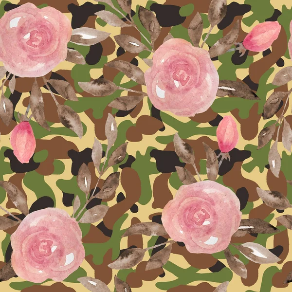 Blommig camouflage sömlöst mönster med rosa rosor blommor. Militär armédesign, textil för att dölja gömd jakt. Skriv ut för krigssoldater i djungel öken skog utomhus, trendig stil struktur — Stockfoto