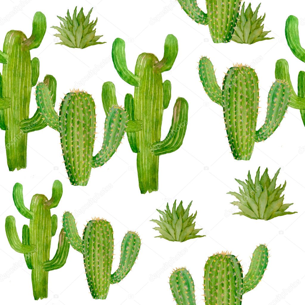 Watercolor hand drawn seamless pattern of tropical mexican cactus cacti succulents. Green natural house plants in pots botanical illsutration print interior design decoration for wallpaper textile.
