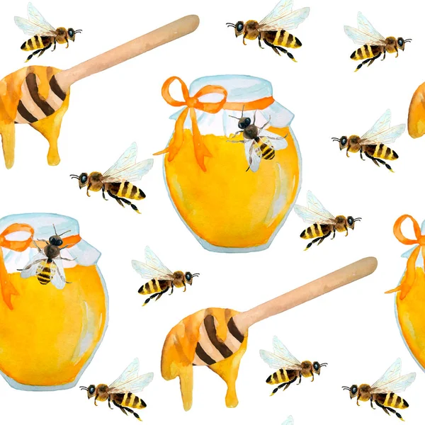 Padrão desenhado à mão sem costura aquarela com abelhas esburacadas, insetos naturais da natureza, vibrações de verão design moderno. Frascos de vidro de mel com fita, pote de mel com dipper. Pólen agrícola orgânico saudável, polinato — Fotografia de Stock