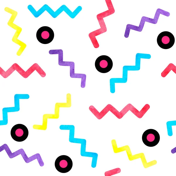 90 'ların suluboya el çizimi desenleri soyut Memphis tarzında. Parlak mavi pembe mor geometrik zig zag elementleri, tekstil ambalaj kağıdı için funky hipster tasarımı.