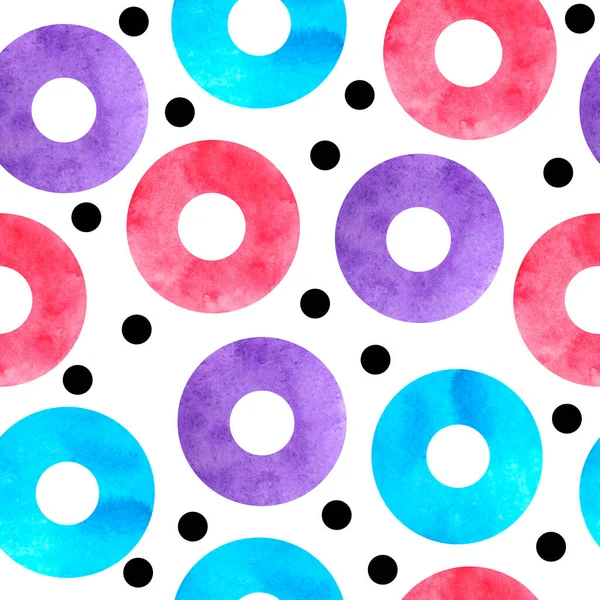 Aquarelle motif sans couture dessiné à la main des années 90 80 memphis style abstrait. Bright blue yellow pink purple geometric circle zig zag elements, design hipster funky pour papier d'emballage de mode textile. — Photo