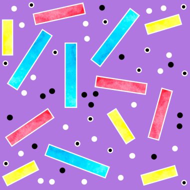 90 'ların suluboya el çizimi desenleri soyut Memphis tarzında. Parlak mavi pembe mor geometrik zig zag elementleri, tekstil ambalaj kağıdı için funky hipster tasarımı.