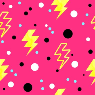 90 'ların suluboya el çizimi desenleri soyut Memphis tarzında. Parlak mavi pembe mor geometrik zig zag elementleri, tekstil ambalaj kağıdı için funky hipster tasarımı.