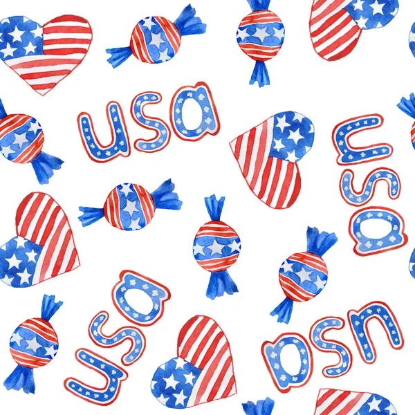 Watercolor Seamless Hand Drawn Pattern Patriotic 4Th Fourth July Independence — Stock Photo, Image