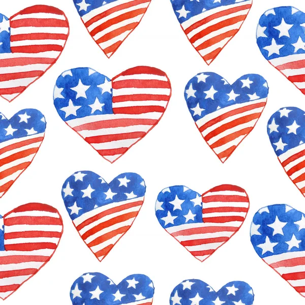 Watercolor seamless hand drawn pattern for US Independence day 4th fourth of July patriotic background hearts love print. Red blue white colors stripes stars design, celebration summer party. — Stock Photo, Image