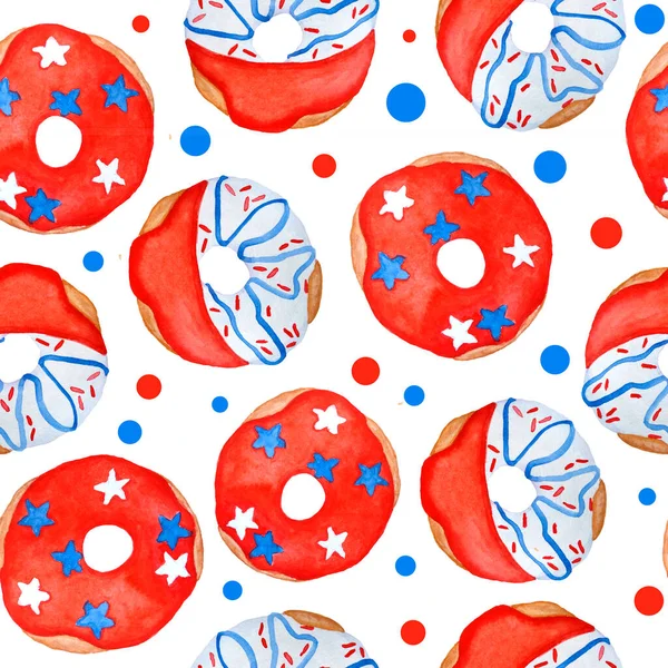 Akvarell sömlös handritade mönster för patriotiska 4 juli självständighetsdagen firande. Design med sötsaker desserter godis isglass muffins munkar. Röda blå vita stjärnor — Stockfoto