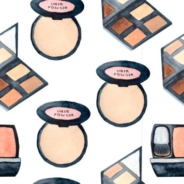 Suluboya, kadın göz farı fondötenli el çizimi deseni. Kozmetik ürünleri, cilt bakımı, güzellik merkezleri için aksesuarlar, kağıt ambalaj baskısı.