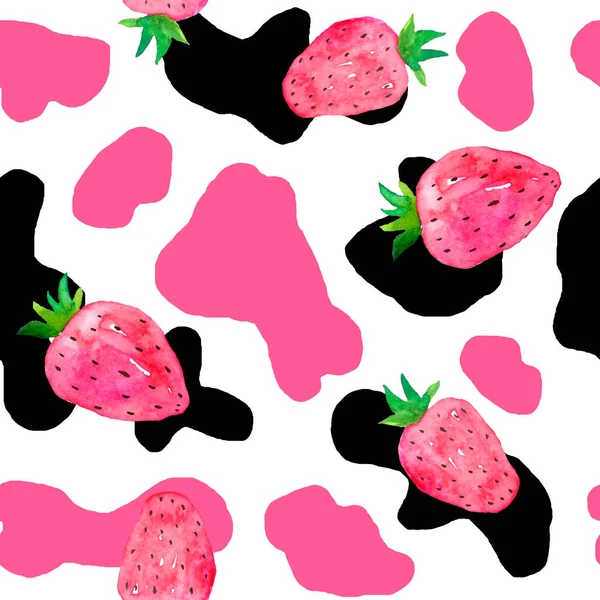 Watercolor hand drawn seamless cow print fabric pattern, black white pastel strawberry pink colors. Cowboy cow girl western background illustration design, milk farm wallpaper. — ストック写真