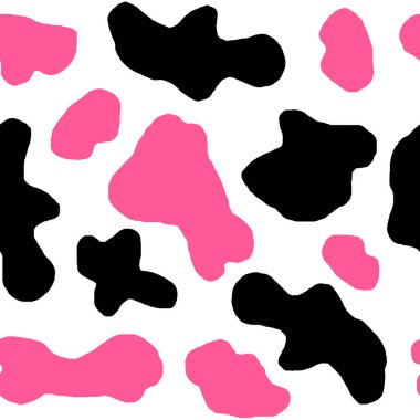 Watercolor hand drawn seamless cow print fabric pattern, black white pastel strawberry pink colors. Cowboy cow girl western background illustration design, milk farm wallpaper.