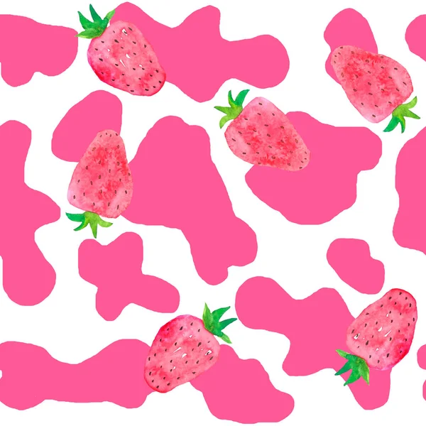 Watercolor hand drawn seamless cow print fabric pattern, black white pastel strawberry pink colors. Cowboy cow girl western background illustration design, milk farm wallpaper. — 스톡 사진