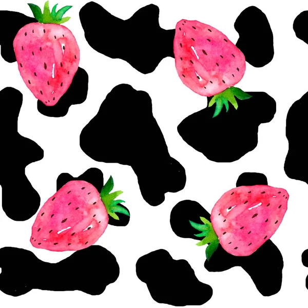 Watercolor hand drawn seamless cow print fabric pattern, black white pastel strawberry pink colors. Cowboy cow girl western background illustration design, milk farm wallpaper. — 스톡 사진