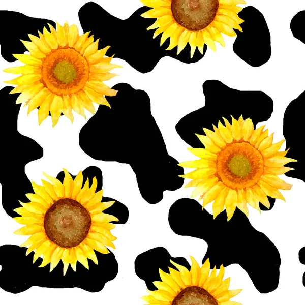 Padrão de tecido de impressão de vaca sem costura desenhada à mão aquarela, girassol amarelo floral preto cores brancas. Cowboy vaca menina fundo ocidental ilustração design, leite animal orgânico pele fazenda papel de parede. — Fotografia de Stock