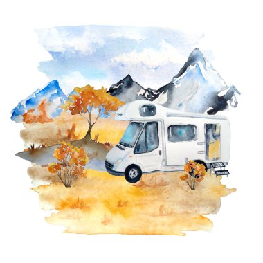 Sonbahar manzarası ile suluboya el çizimi dağlar, portakal rengi çimen çalıları ve karavan karavanı, turist çadırı. Turizm açık hava kamp aktiviteleri. Vahşi orman doğası