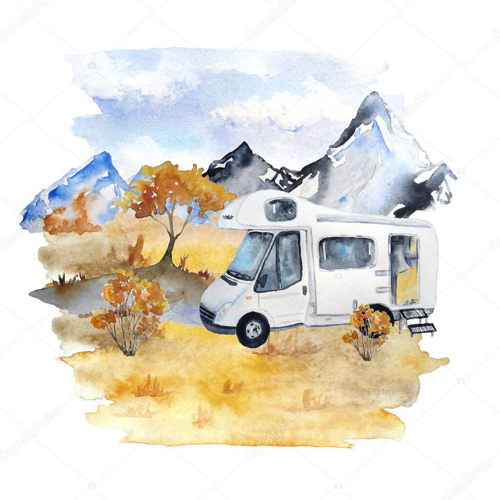 Watercolor hand drawn illustration with fall autumn landscape with mountains sky orange grass bushes and trailer camper van, tourist tent. Tourism outdoor camping activities. Wild forest nature