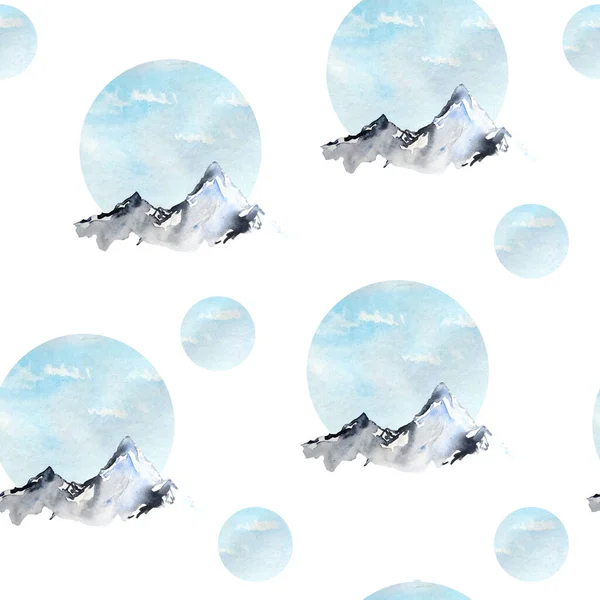 Υδατογραφία χέρι που χωρίς ραφή μοτίβο με μπλε κορυφές χειμώνα οροσειρά. Σκι έννοια υπαίθριες δραστηριότητες του τουρισμού. Φύση τοπίο κρύο καιρό λόφους. — Φωτογραφία Αρχείου