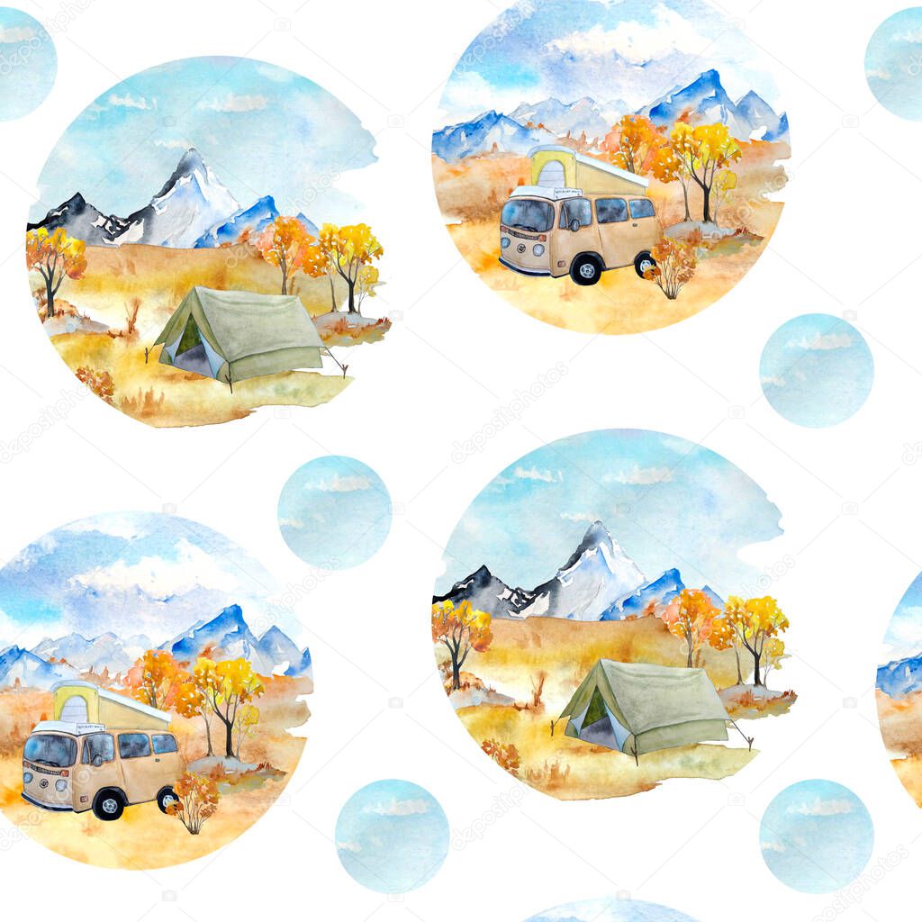 Watercolor hand drawn seamless pattern with fall autumn landscape with mountains sky orange grass bushes and trailer camper van, tourist tent. Tourism outdoor camping activities. Wild forest nature