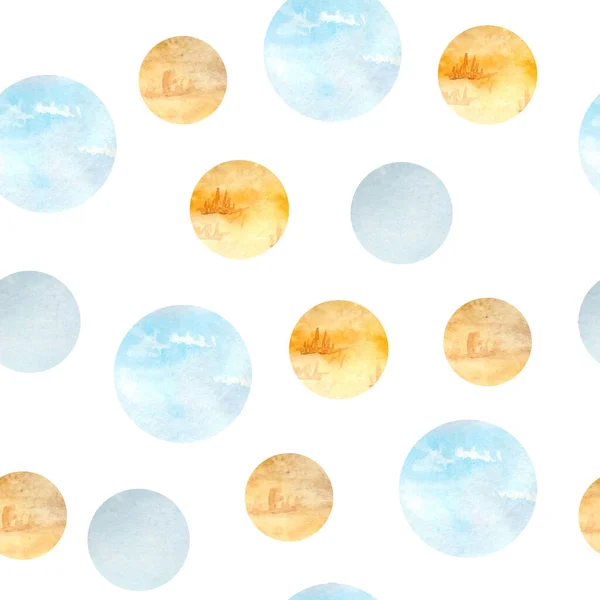Watercolor hand drawn seamless pattern with blue orange beige copper polka dor round circles. Soft natural colors pastel background design, sky grass.