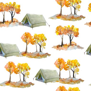 Suluboya el, sonbahar manzarası, dağlar, turuncu çim çalıları, karavan karavanı ve turist çadırı ile kusursuz desenler çizdi. Turizm açık hava kamp aktiviteleri. Vahşi orman doğası