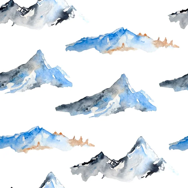 Υδατογραφία χέρι που χωρίς ραφή μοτίβο με μπλε κορυφές χειμώνα οροσειρά. Σκι έννοια υπαίθριες δραστηριότητες του τουρισμού. Φύση τοπίο κρύο καιρό λόφους. — Φωτογραφία Αρχείου