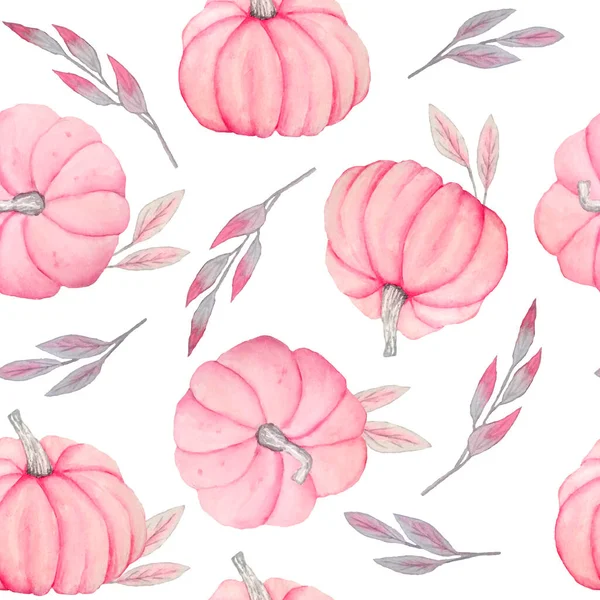 Aquarelle dessinée à la main motif sans couture de l'automne pastel citrouilles rose doux avec des feuilles et des fleurs grises. Cartes de douche de bébé, invitation, conception d'Halloween, impressions de Thanksgiving. Jolie peinture kawaii — Photo