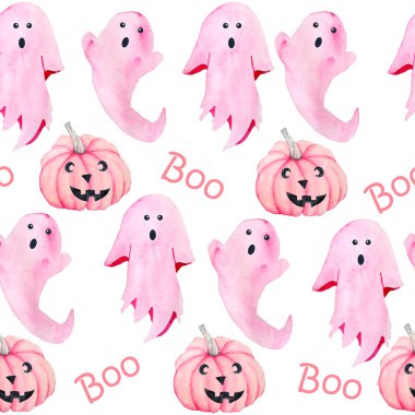 Cadılar Bayramı hayaletlerinin el yapımı suluboya desenleri ve sonbahar pastel yumuşak pembe balkabakları. Korkunç gotik kartlar, davetiyeler, Cadılar Bayramı tasarımı, baskılar.