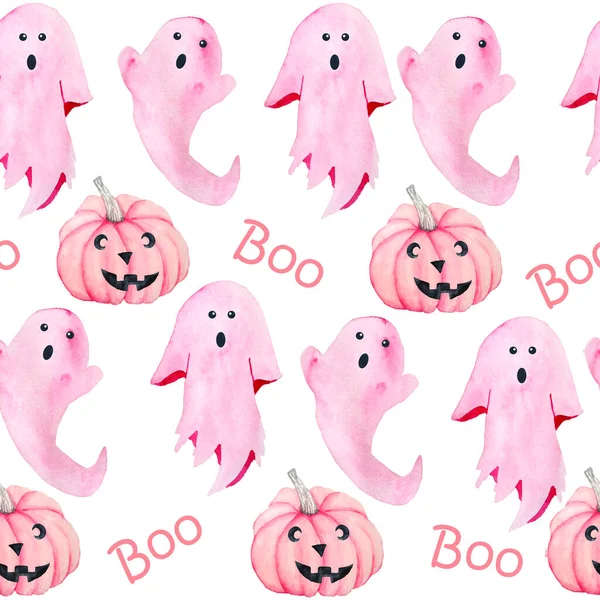 Cadılar Bayramı hayaletlerinin el yapımı suluboya desenleri ve sonbahar pastel yumuşak pembe balkabakları. Korkunç gotik kartlar, davetiyeler, Cadılar Bayramı tasarımı, baskılar.