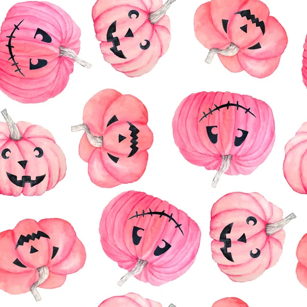 Modello acquerello disegnato a mano senza soluzione di continuità di Halloween autunno pastello zucche rosa morbide con elementi floreali grigi. Gotico orrore carte gotiche, invito, Halloween design, stampe. Carino kawaii — Foto Stock