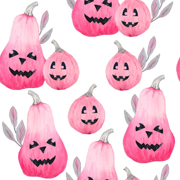 Met de hand getekend aquarel naadloos patroon van Halloween herfst pastel zachte roze pompoenen met grijze bloemen elementen. Horror gothic kaarten, uitnodiging, Halloween ontwerp, prenten. Leuke kawaii — Stockfoto