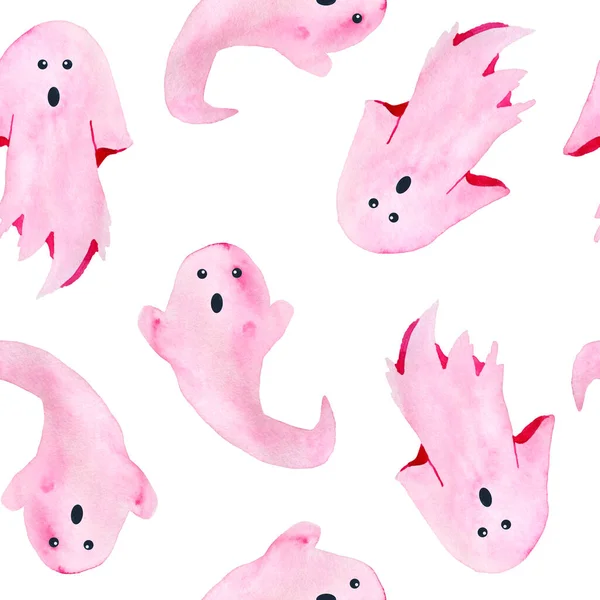 Padrão sem costura aquarela desenhada à mão de Halloween outono pastel macio rosa fantasmas aparições no fundo branco. Horror gótico cartões góticos, convite, design de Halloween, impressões. Kawaii bonito — Fotografia de Stock