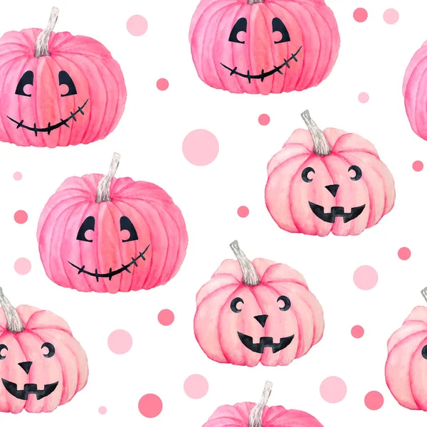 Modello acquerello disegnato a mano senza soluzione di continuità di Halloween autunno pastello zucche rosa morbide con elementi floreali grigi. Gotico orrore carte gotiche, invito, Halloween design, stampe. Carino kawaii — Foto Stock