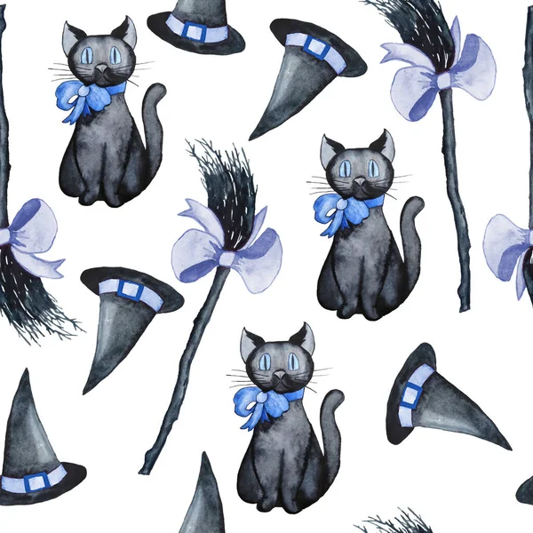 Kara kedi süpürge şapkalı, dikişsiz el resmi çizimi. Cadılar Bayramı için duvar kâğıdı baskıları. Sonbahar erkek bebek partisi için mavi tasarımı yapıştır. — Stok fotoğraf