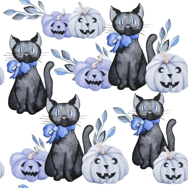 Watercolor seamless hand drawn pattern with witch cat bue pumknins and floral elements. Halloween baby boy decor wallpaper textile. Pastel blue soft colors, leaves bow feline animal. — Stock Photo, Image