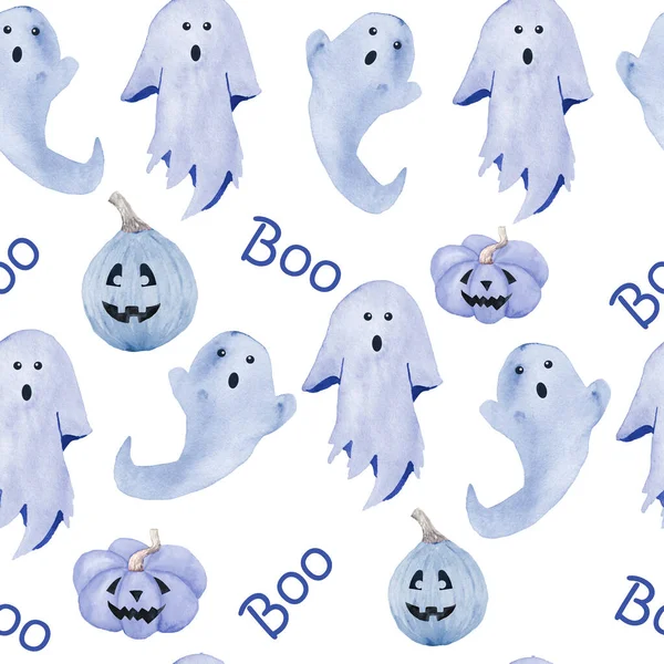 Kézzel rajzolt akvarell zökkenőmentes minta Halloween ősz pasztell puha kék szellemek jelenések fehér háttér. Horror gót gótikus kártyák, meghívó, Halloween design, Aranyos kawaii festmény — Stock Fotó